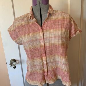 Madewell Womens S Orange Beige Plaid Button Down Short Sleeve 100% Cotton Gauze